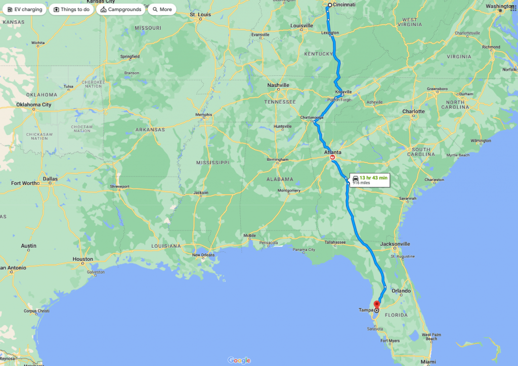 Google map of long-distance move driving from Cincinnati to Florida